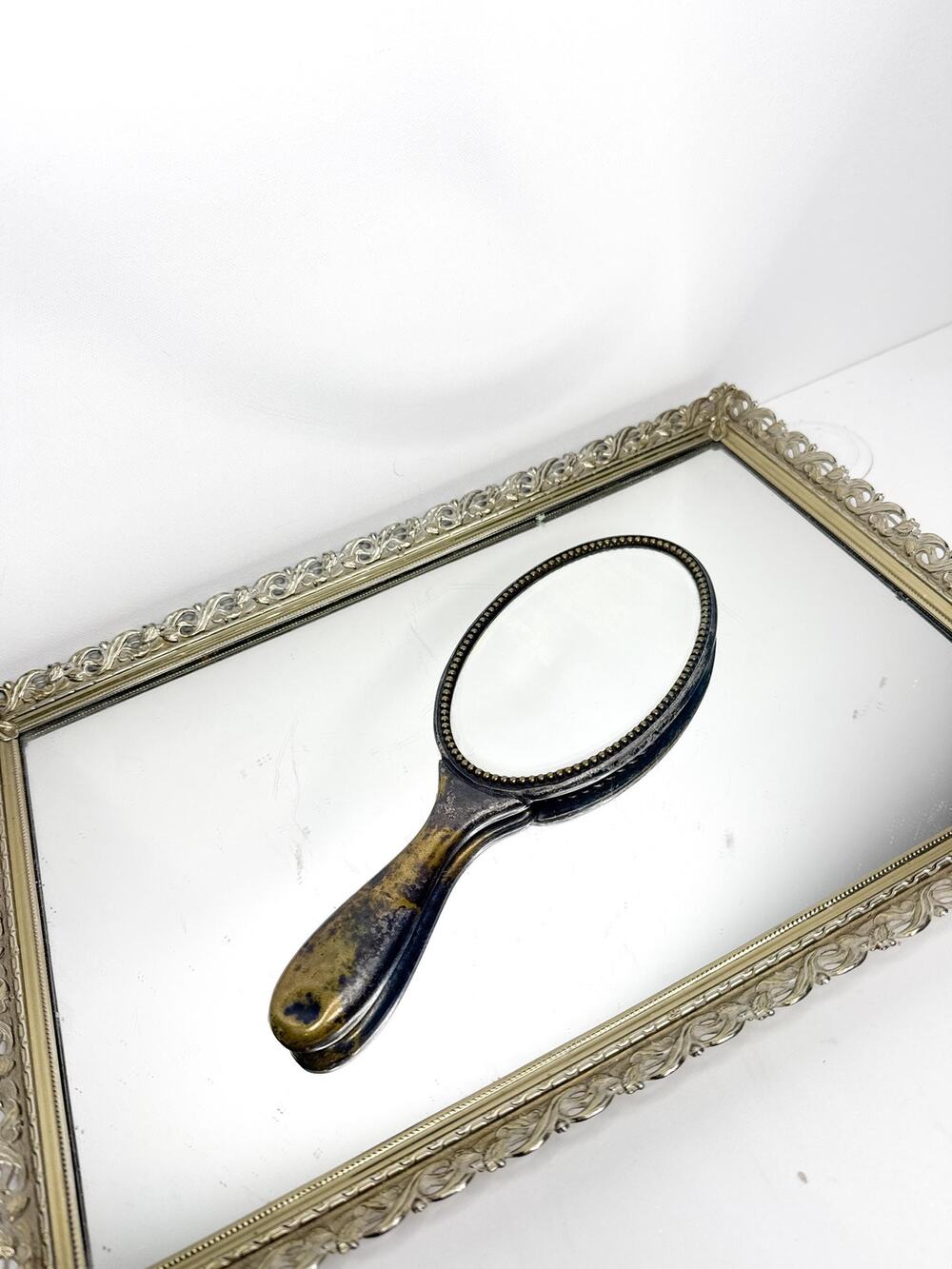 Antique Art Nouveau Hand Mirror Gold Tone
